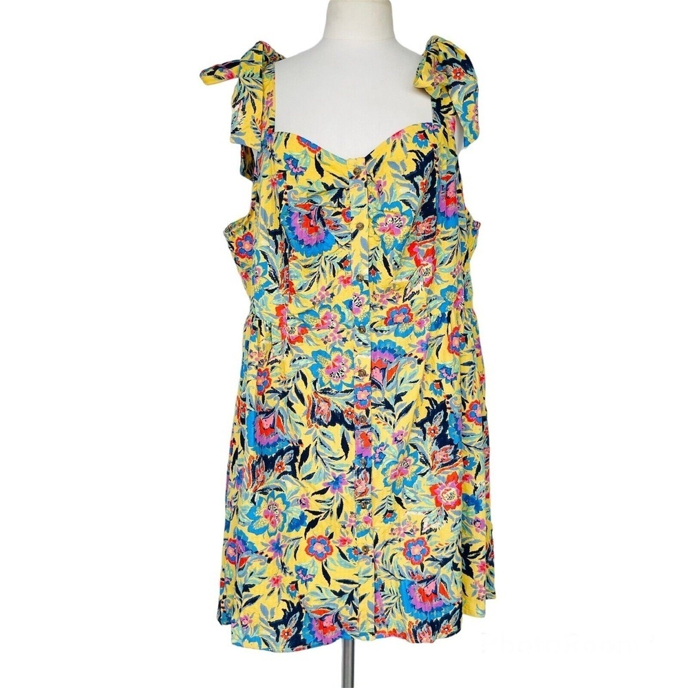 Terra & Sky Sunflower Dress Plus Size 2X Floral Button Front Tie Shoulder